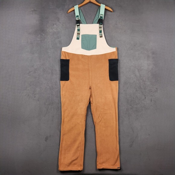 Kavu Pants - KAVU Pocatello Fleece Overalls Womens Large Brown Colorblock Outdoor Bibs